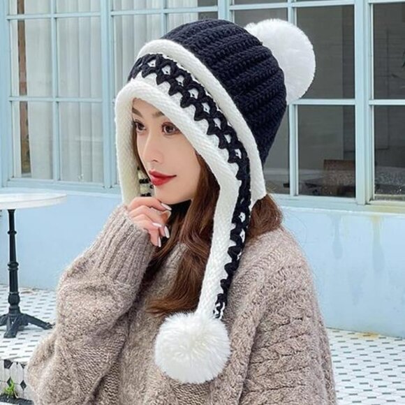 Black Pompom Cable Knit Peruvian Beanie Hat Fluffy Slouchy Winter Trapper Hat - Picture 1 of 4